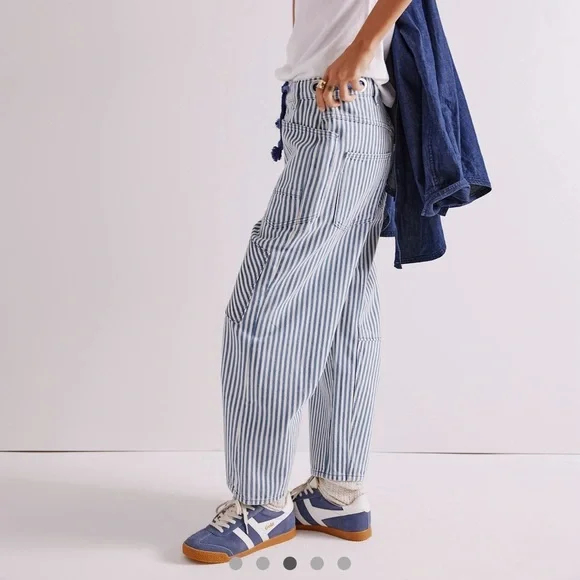 NEW WE THE FREE PEOPLE Moxie Railroad Low Slung Pull on Barrel Jeans Stripe 29 - Picture 4 of 16